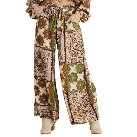 Talisman Pants - Talisman Freedom Paisley Gardens Crepe Elastic Tie Waist Wide Leg Pants XS